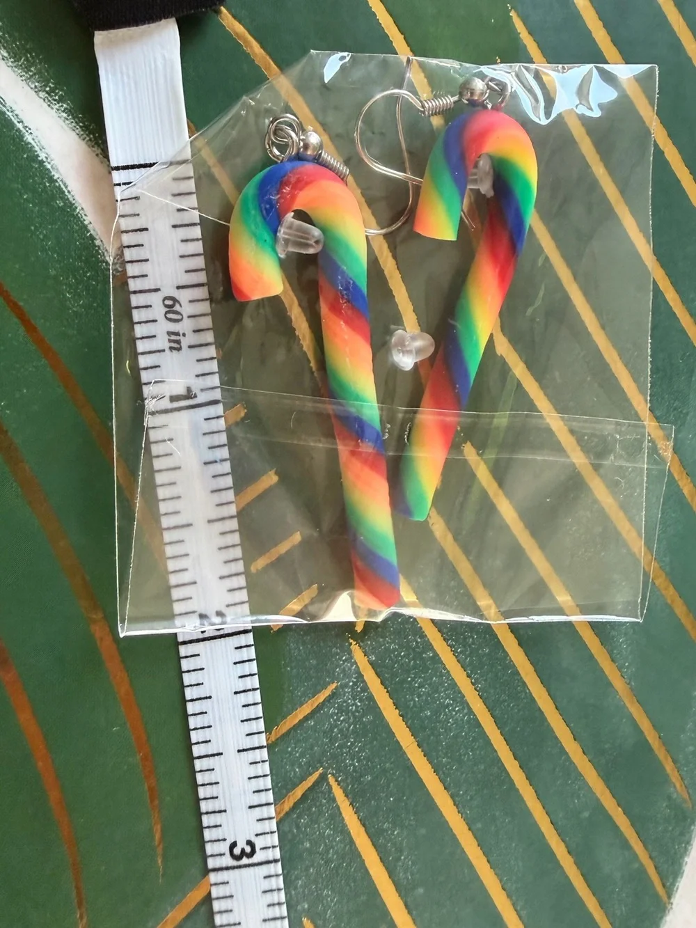 Rainbow Candy Cane Dangle Earrings Holiday Christmas Clay Lightweight